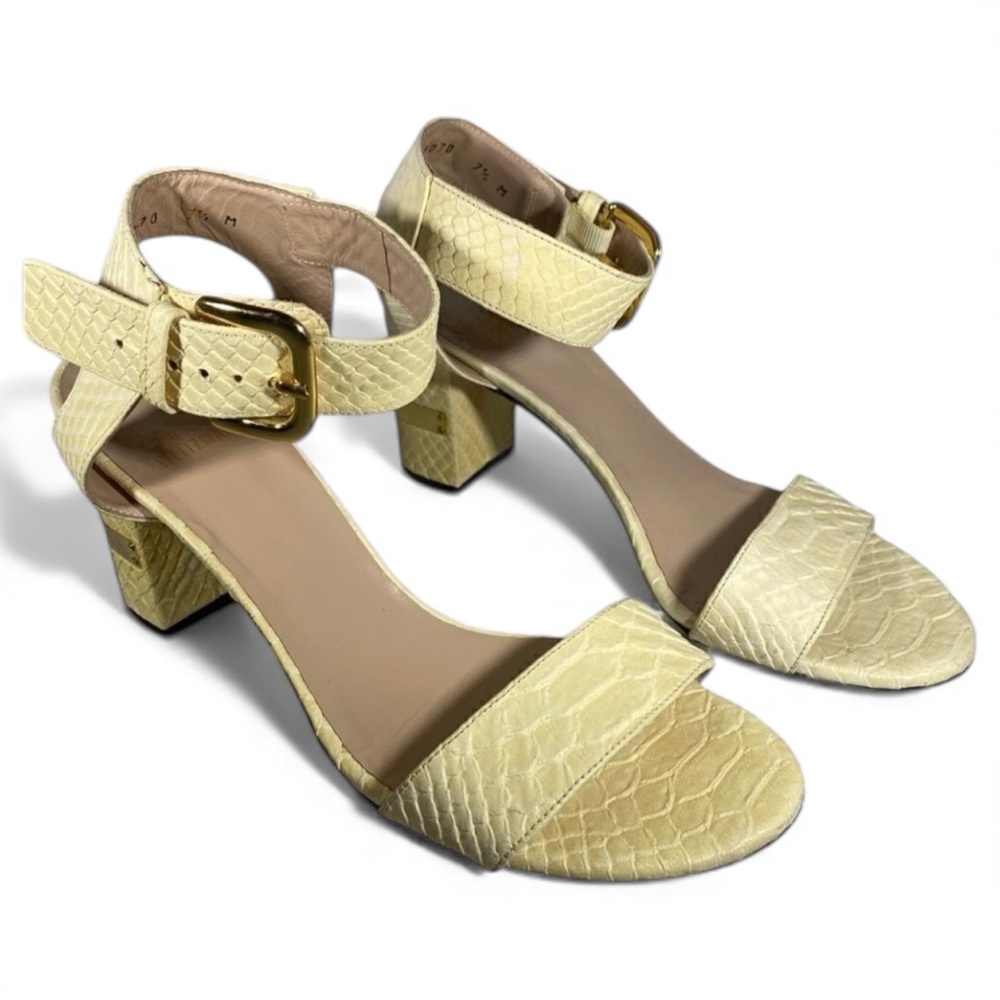 Stuart Weitzman Sandals Pale Yellow Leather Chunky Heeled Sz 7.5 AUTHENTIC
